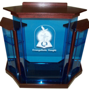 WS01 Wingstyle Acrylic Podium – Blue Acrylic Church Pulpit with Black Cherry Wood, 54" Width
