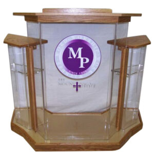 WS17 Wingstyle Acrylic Podium – Clear Church Podium with Golden Oak and Color Logo Printing
