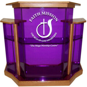 WS20 Wingstyle Acrylic Podium – Purple Church Pulpit with Golden Oak Wood Accents