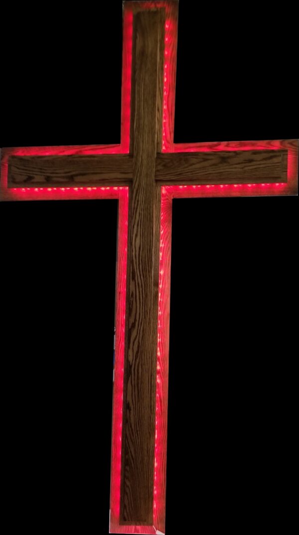 back lighted solid oak cross red lights